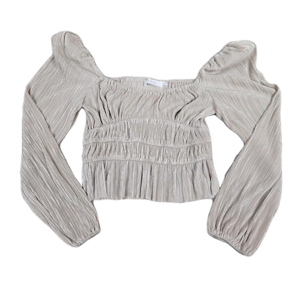 Astr Pleated Square-Neck Long-Sleeve Blouse in Nude - Picture 2 of 7